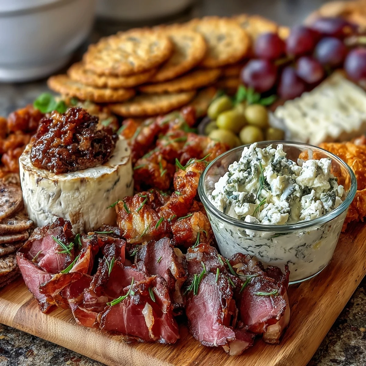 Vibrant Housewarming Charcuterie Board with Dips and Crackers