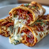 Crispy Tortilla Pizza Rolls are stacked high with melted cheese, ready for dipping in warm marinara sauce.