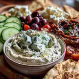 Colorful Mediterranean Brunch Board topped with crumbled feta, briny olives, and crunchy nuts, ready for a savory vegetarian appetizer spread.