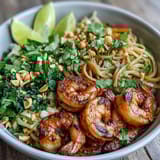Close-up of a vibrant Asian Noodle Bowl, featuring plump shrimp, tender rice noodles, and crunchy vegetables drizzled with a glossy sesame-lime sauce.