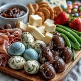Vibrant Spring Charcuterie board featuring pastel chocolate eggs, bunny cookies, and fresh fruits arranged like Easter baskets for a festive appetizer.