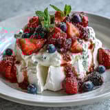 2. Elegant dessert featuring airy pavlova base, cloud-like whipped cream, and a vibrant medley of fresh strawberries, blueberries, and raspberries.  