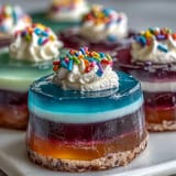 Bright and cheerful layered Jello dessert in clear cups, topped with fluffy whipped cream and sprinkles.  