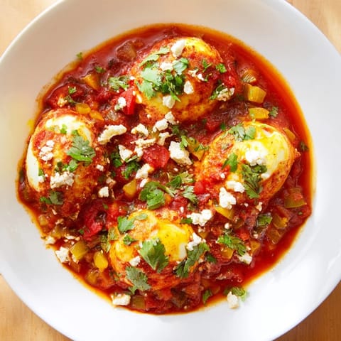 Freshly made Shakshuka with runny eggs and colorful peppers, perfect for a flavorful brunch at home.