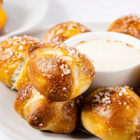 Fluffy pretzel bites with coarse salt, perfect alongside a vibrant, cheesy dip for sharing.