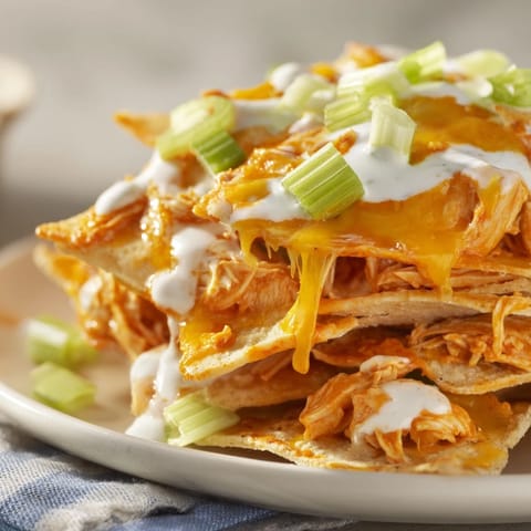 A close-up of Buffalo Chicken Nachos bubbling from the oven, topped with fresh green onions and crisp diced celery.  