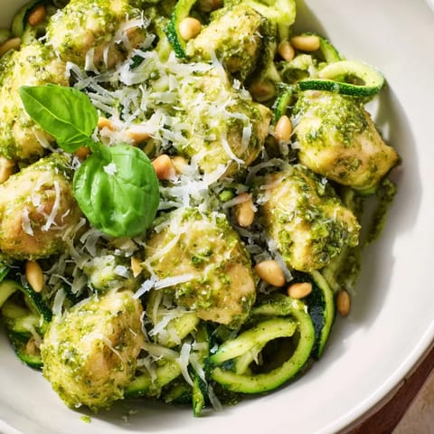 Tender chicken and fresh zucchini noodles tossed in vibrant basil pesto for a light, summery meal.