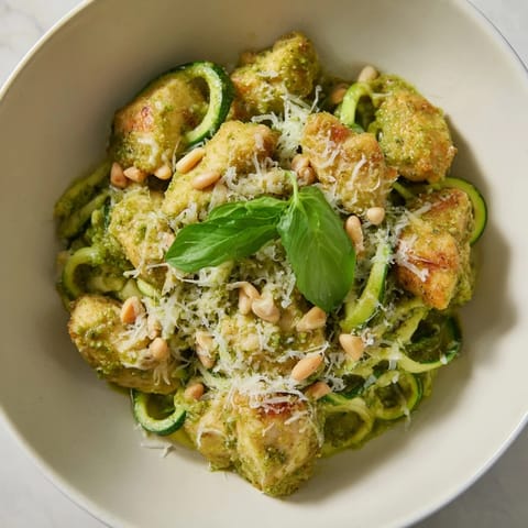 A close-up of a colorful pesto zucchini chicken bowl topped with Parmesan and toasted pine nuts.