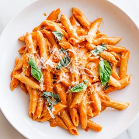Roasted Red Pepper Pasta in a white bowl, garnished with grated Parmesan and a drizzle of olive oil.  