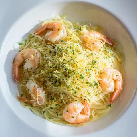 Savory lemon butter shrimp sizzles atop delicate angel hair pasta, with fresh parsley and a wedge of lemon for a zesty, light finish.