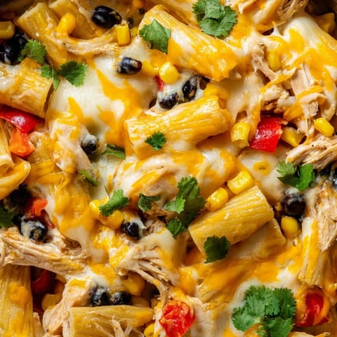 Steaming Chicken Burrito Pasta Bake emerges from the oven, topped with melted cheddar and Monterey Jack cheese.