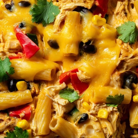 A close-up shows the Chicken Burrito Pasta Bake with creamy salsa sauce and fresh cilantro garnish.
