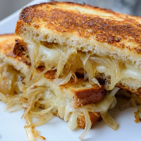 Crispy golden country bread encasing melted Gruyère and deeply sweet caramelized onions in this gourmet grilled cheese.
