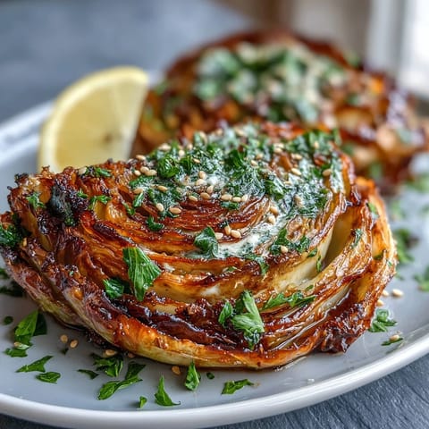 Golden roasted cabbage steaks, caramelized edges with a creamy tahini drizzle and fresh parsley garnish.