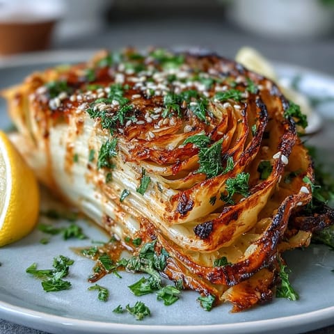 Thick, smoky cabbage steaks roasted to perfection, topped with velvety tahini sauce and lemon wedges.