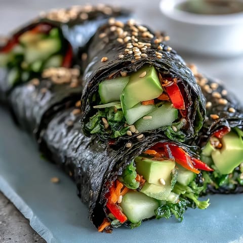 Crisp cucumber and creamy avocado slices in homemade Nori Rolls with Vegetables, ready for dipping in soy sauce.