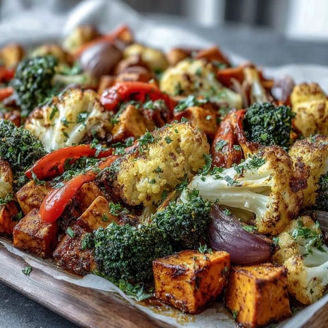 Golden turmeric roasted cauliflower, broccoli, sweet potatoes, and red bell peppers, lightly crisped and aromatic, served warm as a vibrant side dish.