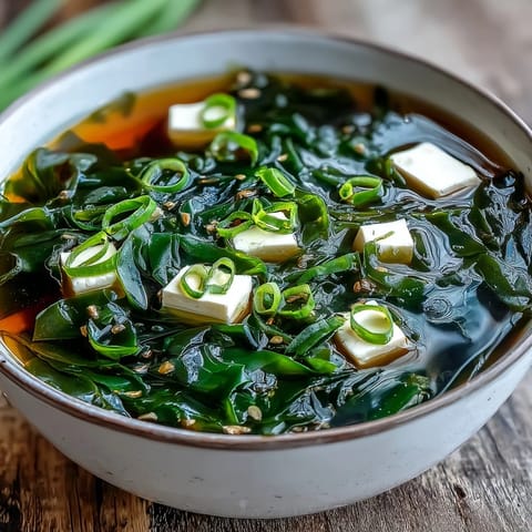 Close-up shot of a Japanese Wakame Soup in a ceramic bowl, featuring silken tofu cubes, rehydrated seaweed, and a savory miso-infused dashi broth.