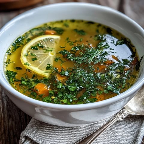 A steaming pot of homemade Lemon Herb Soup, with lemon slices and herbs for a fresh garnish.