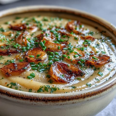 A bowl of velvety Roasted Garlic and Herb Soup topped with chives and served with crusty artisan bread on the side.