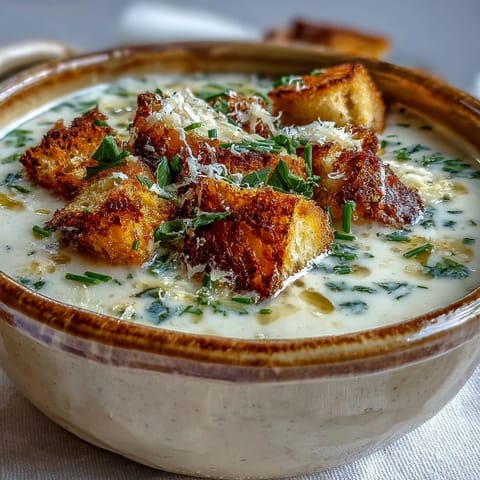 Creamy Garlic and Herb Soup garnished with fresh parsley, served steaming in a rustic white bowl.