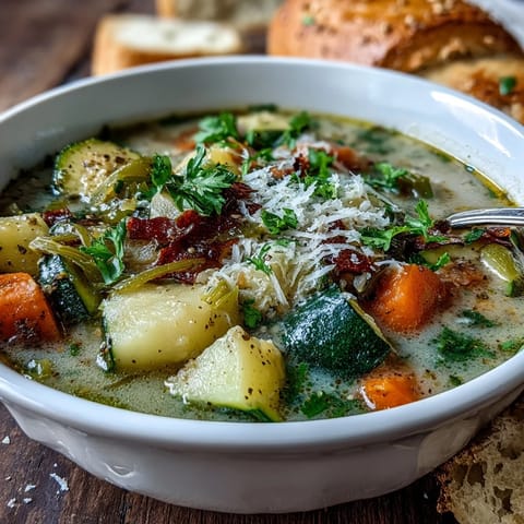 Hearty Parmesan Veggie Soup simmering with tender carrots and zucchini in a rustic bowl.