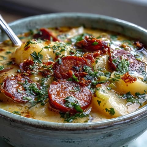 A rustic pot of Potato, Leek and Chorizo Soup simmering on the stove, ready to serve with crusty bread.