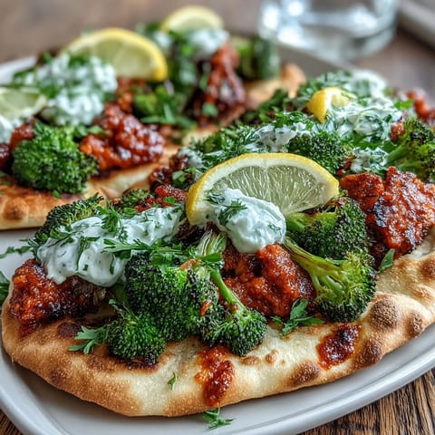 Golden, crispy harissa broccoli piled high on warm flatbreads, ready to be drizzled with fresh lemon juice.