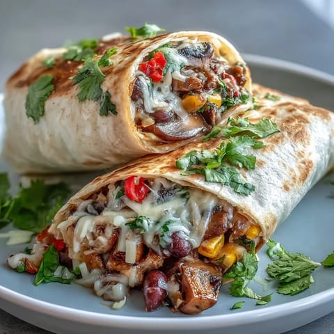 A close-up of a Veggie Burrito sliced open, revealing a hearty filling of peppers, onions, and melted cheddar cheese.