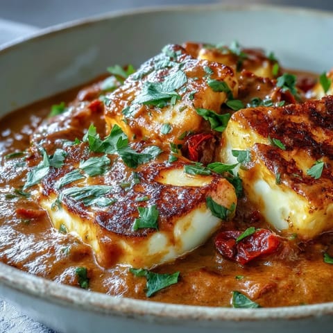 Family-style bowl of creamy halloumi and tomato curry served with steaming basmati rice on the side.