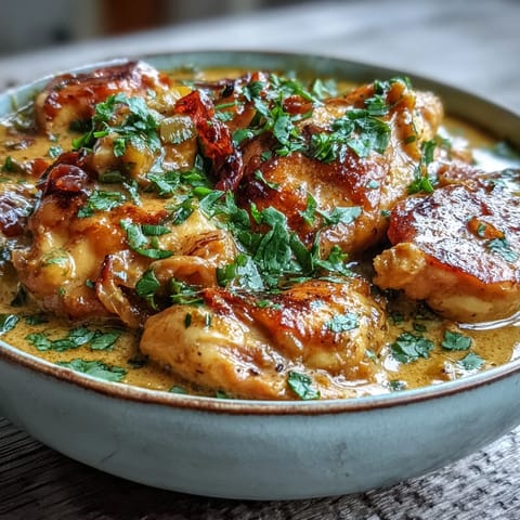 Tender chunks of Easy Chicken Curry coated in golden, aromatic spices are spooned over fluffy basmati rice.