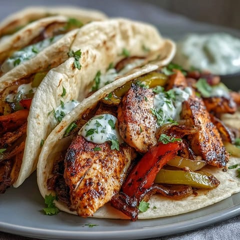 Easy Chicken Fajitas with sizzling chicken strips, sautéed onions, and colorful bell peppers served in warm flour tortillas.