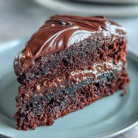 Freshly baked Easy Chocolate Fudge Cake layers with glossy chocolate icing on a white plate.