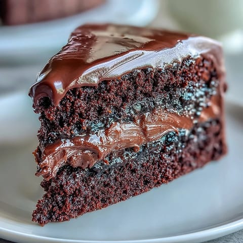 A rich slice of Easy Chocolate Fudge Cake served with fresh berries and whipped cream.
