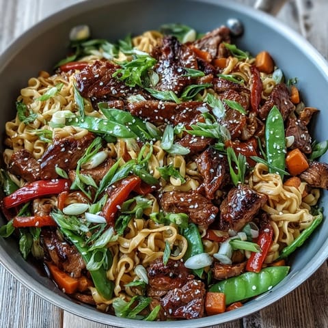 Tender pork slices and crisp red bell peppers mingle with egg noodles in a glossy, savory sauce.