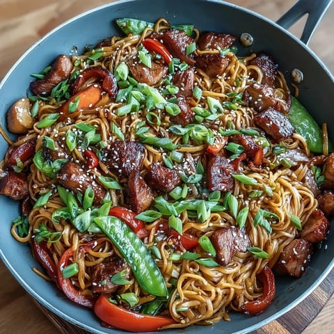 Pork Noodle Stir-Fry garnished with sesame seeds and fresh green onions on a white plate.