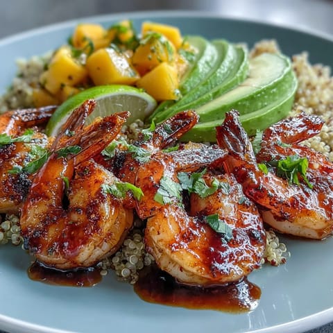Colorful bowls feature smoky grilled shrimp, creamy avocado slices, and juicy mango salsa, perfect for a healthy weeknight meal.