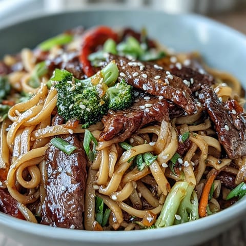 A glossy brown sugar and soy sauce clings to every strand of rice noodles and strip of beef in Korean Beef Noodles, with colorful veggies and sesame seeds crowning the skillet.