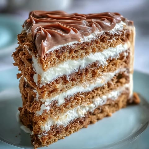 Decadent Baked Biscoff Cake with Creamy Lotus Frosting sits on a wooden table, garnished with crushed cookies for a crunchy texture.