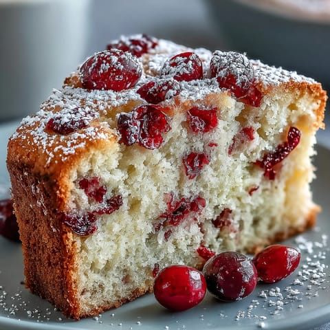 Freshly baked Cranberry Orange Breakfast Cake with a golden crust, revealing tender crumb and vibrant orange zest flecks, dusted with powdered sugar.