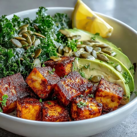 Golden tofu cubes and sautéed kale topped with creamy avocado in a Tofu Breakfast Bowl, garnished with lemon wedges.