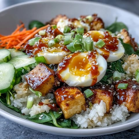 Vibrant Tofu Jammy Egg Breakfast Bowl with warm rice, sautéed tofu, jammy eggs, fresh greens, and ginger scallion sauce.  