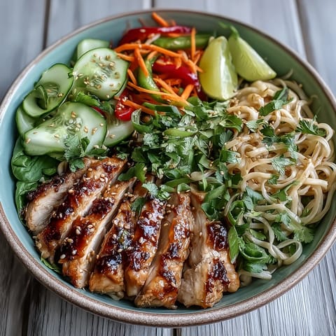 Bright bowl of Asian Chicken Noodle Bowl with tender chicken, fresh veggies, and sesame seeds.  