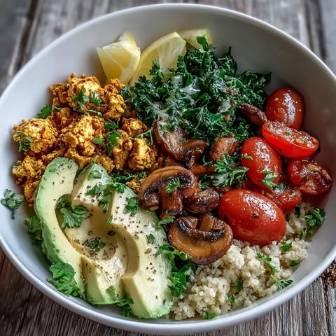 Bright yellow scrambled tofu, sautéed mushrooms, and kale over a fluffy whole wheat couscous in a white bowl.