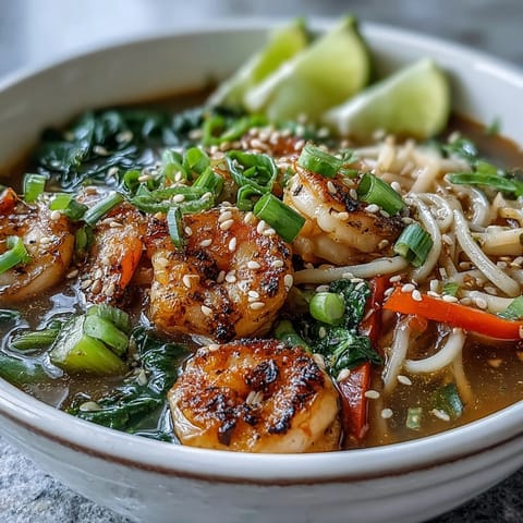 Garnished Asian Noodle Bowl with Shrimp and Scallops topped with cilantro and lime wedges beside a steaming spoonful.