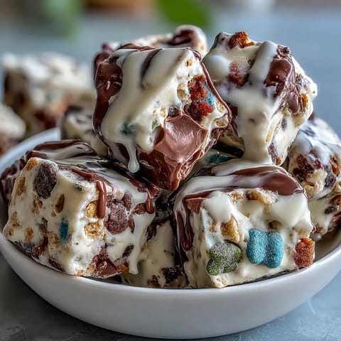 A vibrant St. Patrick's Day treats board with Lucky Charms bark, surrounded by colorful fruits, candies, and festive sweets.