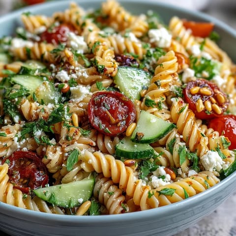 Fresh Lemon Vinaigrette Pasta Salad with Cucumbers and Cherry Tomatoes in a white bowl.  