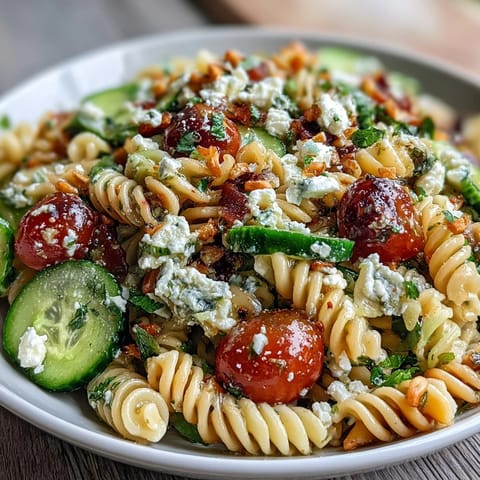 Bright and zesty Lemon Vinaigrette Pasta Salad featuring crisp cucumbers and juicy cherry tomatoes.  