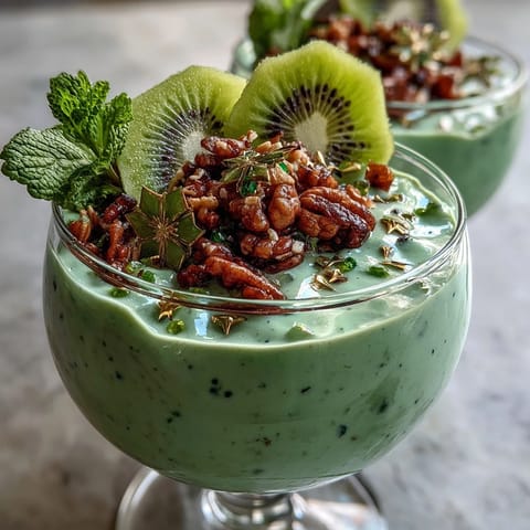 Creamy St. Patrick's Day smoothie bowl featuring frozen bananas, spinach, and vanilla protein, garnished with mint leaves and edible gold stars.