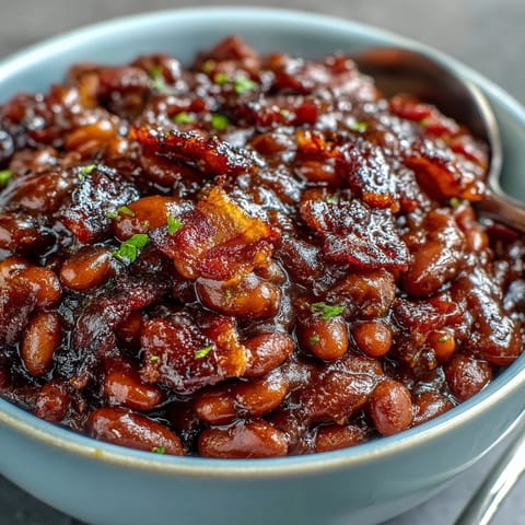 Hearty Summer BBQ Baked Beans with Bacon in a sweet, smoky sauce, topped with crispy bacon bits.